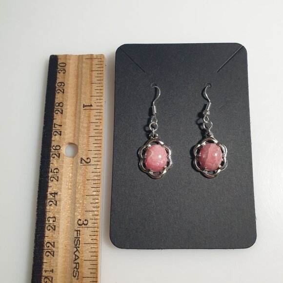 Pink Gemstone Drop Earrings Silver Tone Hook Pierced Dangle Floral Design Handcr - Picture 3 of 4